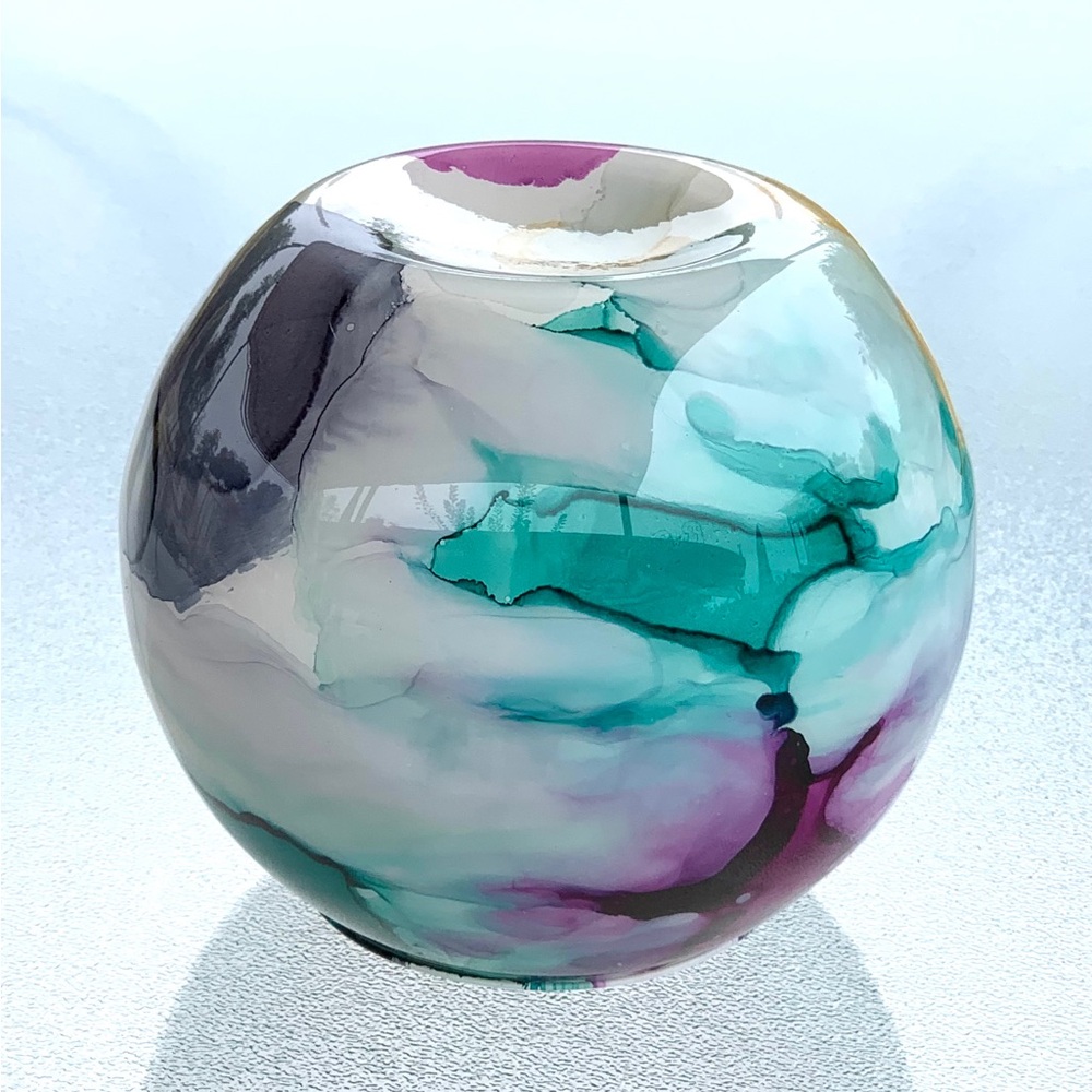 Artistic Watercolor Round Fish Bowl-Shaped Glass Vase, Vintage - Picture 6 of 6